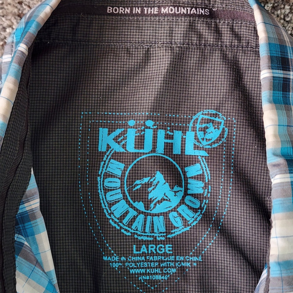 Kuhl Plaid Shirt Mens Large Blue Short Sleeve Snap Front Hiking Outdoor EUC - Picture 11 of 16